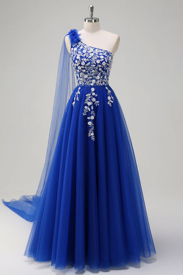 Royal Blue A-Line One Shoulder Watteau Train Appliqued Formal Dress with Lace Up Back
